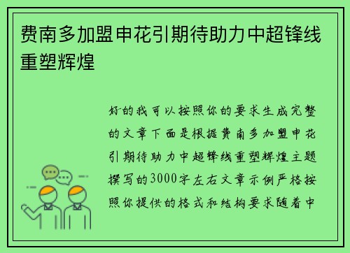 费南多加盟申花引期待助力中超锋线重塑辉煌