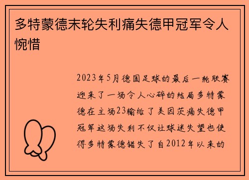 多特蒙德末轮失利痛失德甲冠军令人惋惜