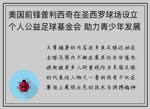 美国前锋普利西奇在圣西罗球场设立个人公益足球基金会 助力青少年发展